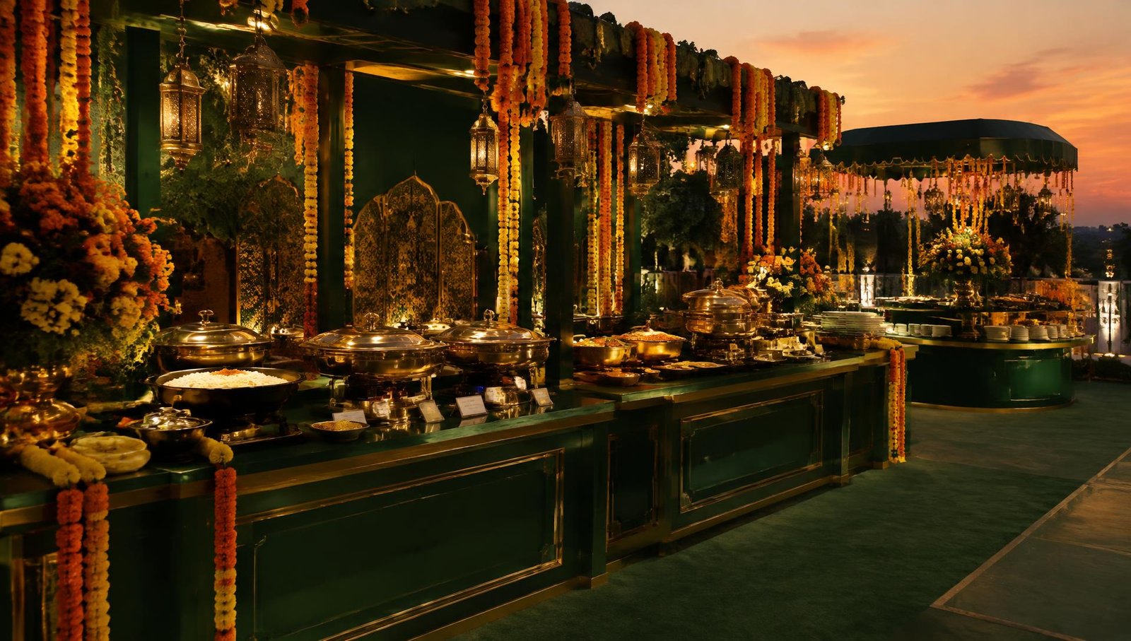 Indian wedding catering buffet with marigold decor